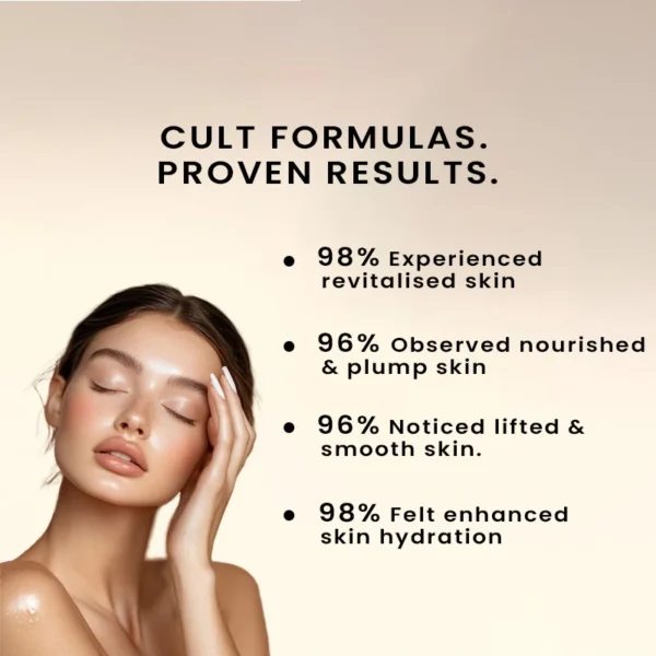 young woman with glowing skin touching face, alongside text showing proven results| Customized anti ageing cream| saparya vedic
